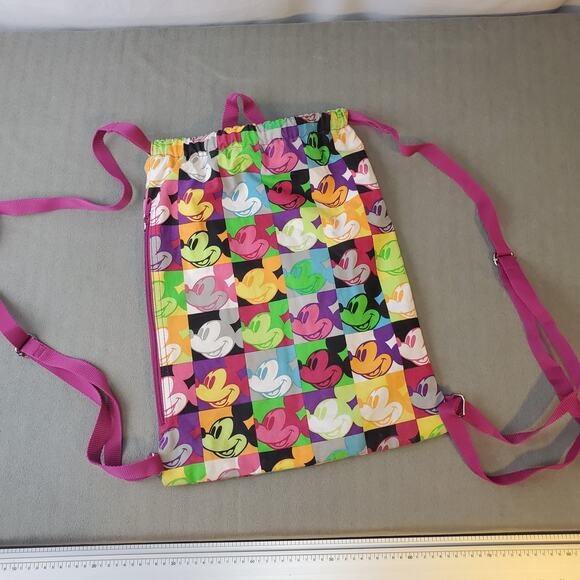 Disney Parks Authentic Original Mickey Mouse Clothe Backpack Colorful Faces Fold - Picture 2 of 11